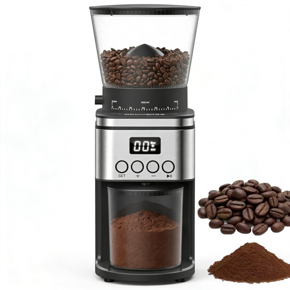 Rounexes Conical Burr Coffee Grinder ElectricStainless Steel Coffee Grinder For Home Adjustable 12 Cup Silver