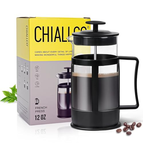 Chiallco Mini French Press Coffee Maker Heat Resistant Thickened Borosilicate Classic Glass 12Oz Stainless Steel