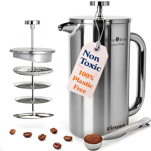 Ziruma NonToxic French Press Surgical Stainless Steel Coffee Press PlasticFree Heavy MetalFree 34 Oz Stainless Steel
