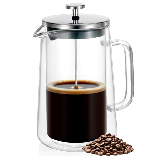 Pansukided French Press Coffee Maker Doublewall Insulated Borosilicate Glass HeatResistant Design Stainless 34Oz Stainless Steel