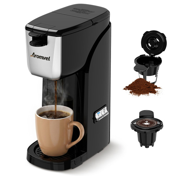 Aromvel 2In1 Single Serve Coffee Maker For K Cup Pods and Ground 14 Oz Silver