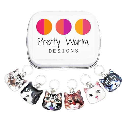 Pretty Warm Designs Cat Face Stitch Markers With Organizer Tin Set Of 6 Closed Loop Round Indicators For Yarn Work And Knitting Notions