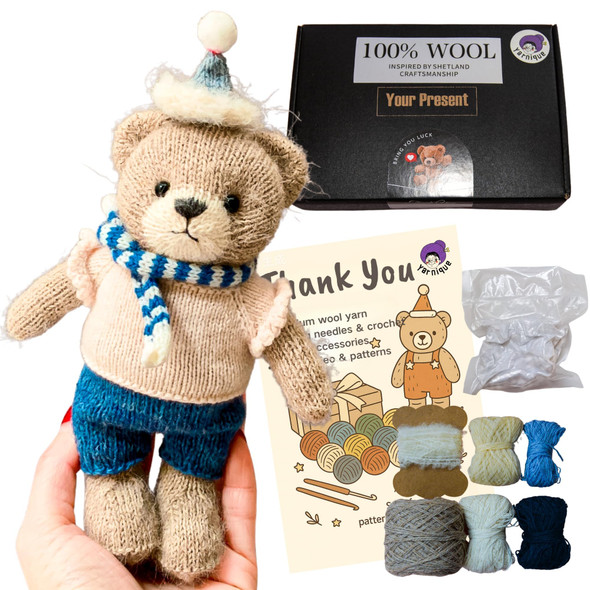 Yarnique Wool Bear Knitting Kit Real Wool Amigurumi Kit For Adults With Video Tutorials Diy Amigurumi Crochet and Knitting Kit With Tools Holiday Craft Set White Sweater
