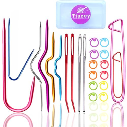 Tiazey 22Pcs Aluminum Cable Needles and Stitch Holders Knitting Tools Safety Pin Cable Stitches Hook Large Eye Bent Tapestry Needles For Yarn Sewing Weaving Knitting Sweaters Blanket Diy