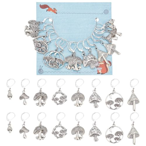 Nbeads 16 Pcs Stitch Markers Antique Silver 8 Styles Mushroom Crochet Markers Tibetan Style Locking Stitch Needle Clip For Knitting Weaving Sewing Accessories Jewelry Making