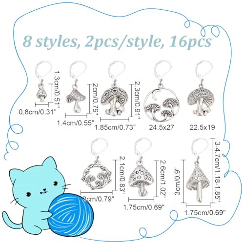 Nbeads 16 Pcs Stitch Markers Antique Silver 8 Styles Mushroom Crochet Markers Tibetan Style Locking Stitch Needle Clip For Knitting Weaving Sewing Accessories Jewelry Making