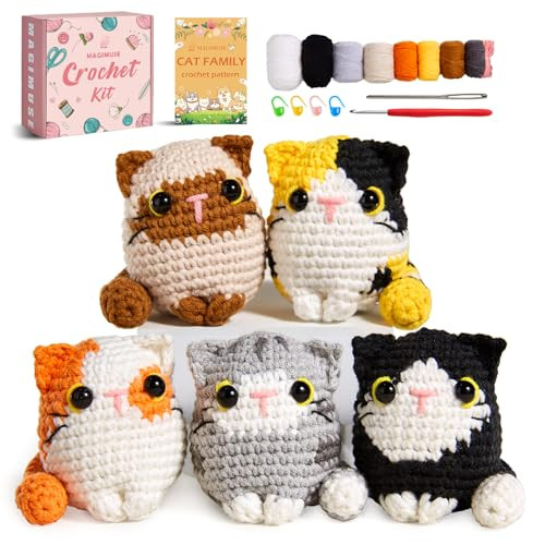 Magimuse Crochet Kit For Beginners Beginner Crochet Kit With StepByStep Video Tutorials Diy Crochet Animal Kits Amigurumi Craft Knitting Supplies 5 Pack Cats 40%+ Yarn