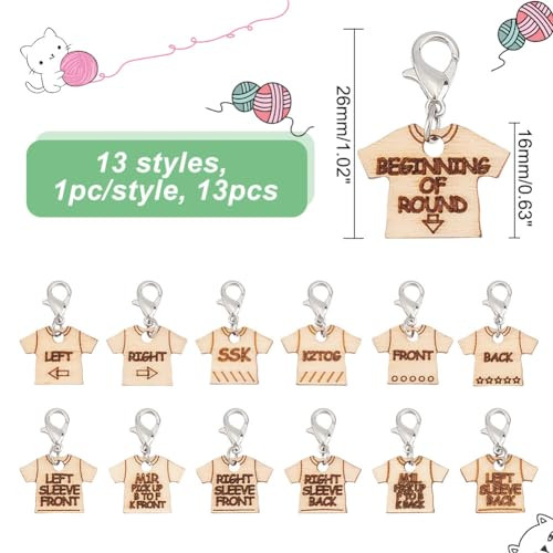 Nbeads 13 Pcs 13 Styles Wood TShirt Shaped Stitch Markers Wooden Crochet Stitch Marker Locking Stitch Marker With Lobster Clasp Knitting Crocheting Accessories For Marking Direction Guidelines