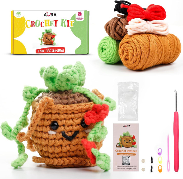 AUra Learn To Crochet Kit For Beginners Kids And Adults Premium Pattern Sunflower Beginner Crochet Kits With Easy Tube Yarn and StepByStep Video Tutorials