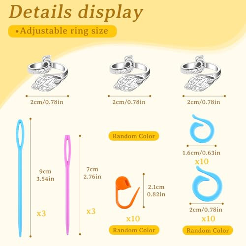Yizzvb 3 Pcs Crochet Ring+30Pcs Stitch Markers 6 Large Eye Blunt Needles Adjustable Tension Rings For Finger Yarn Knitting and Crochet Accessories Set For Diy Crafts Crocheters Knitters