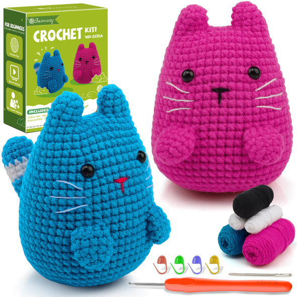 Faircosy Crochet Kit For Beginners Crocheting Crochet Animal Kits For Kids and Adults Learn To Knitting Cat Amigurumi Starter Kit With Detailed Tutorial Video And Instructions 40%+ Yarn Extra