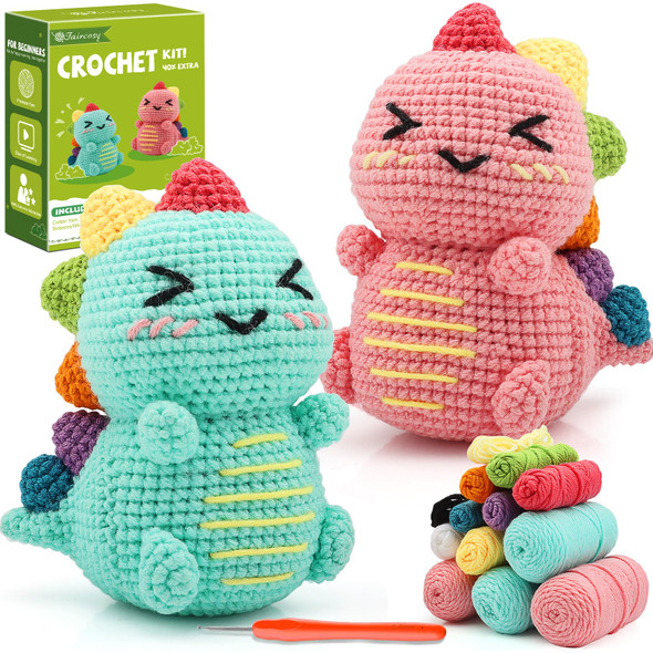Faircosy Dinosaur Crochet Kit For Beginners 2Pcs Crochet Animal Kits For Adults Learn To Crocheting Cute Amigurumi Starter Kit With Written Pattern and Video Tutorials 40%+ Yarn Extra