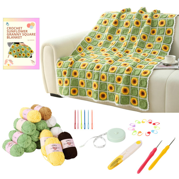 Cswcs Crochet Sunflower Blanket Kit For Beginners Granny Square Pattern Crochet Yarn Accessories Instructions Video For Starter Adult Craft Knitting Kit For Diy Women Green Sunflower
