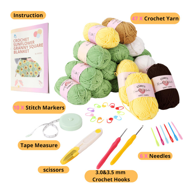 Cswcs Crochet Sunflower Blanket Kit For Beginners Granny Square Pattern Crochet Yarn Accessories Instructions Video For Starter Adult Craft Knitting Kit For Diy Women Green Sunflower