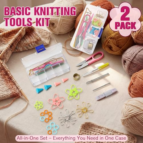 Feekoon 2 Pack Basic Knitting Tools Accessories Supplies With Case Knit Set Lots Knitting Supplies Set With Stitch Markers Plastic Sewing Needles Cable Needles For Sewing And Weaving
