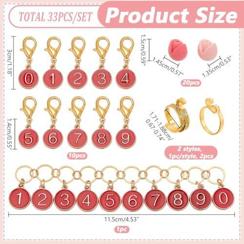 Nbeads 33 Pcs Knitting Accessories Kit Including Dark Red Knitting Row Counter Chains 09 Number Stitch Markers 2 Colors Silicone Knitting Needle Stoppers Yarn Guide Finger Ring For Knitting Project