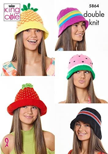 King Cole Ladies Double Knit Knitting Pattern Striped Or Fruit Pattern Hats 5864