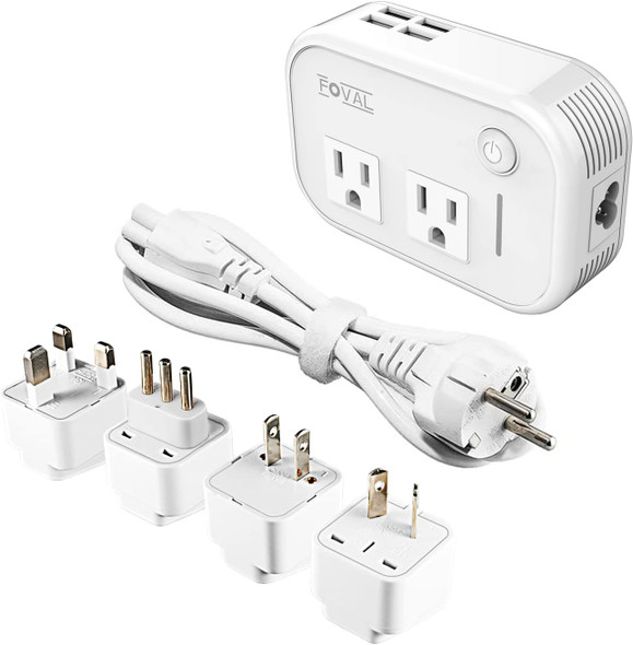 Foval Power Step Down 220V To 110V Travel Voltage Converter International Power Adapter For Hair Straightener Curling Iron With 4-Port Usb Charging Us/Uk/Au/It/Eu Universal Plug Adapter White