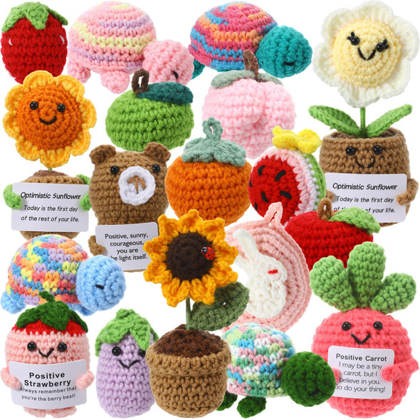 Viorawhite 18 Pcs Emotional Crochet Fruit Positive and Animal Support Set Handmade Knitted Desk Ornaments Keepsakes With Encouragement Cards Employee Appreciation Coworker