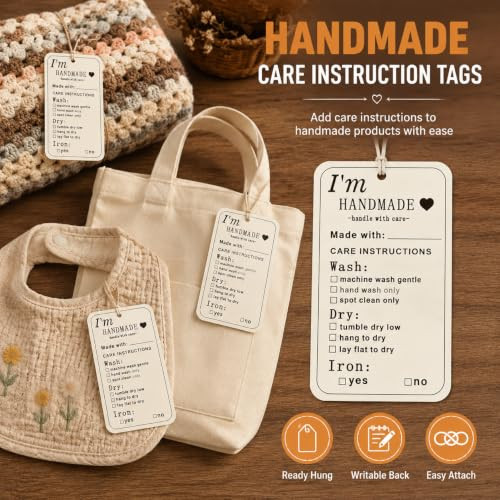 Hileapx 50Pcs Handmade Care Instruction Tags 35 X 2 Inch Washing Hang Cards Handmade Tags For Knitted Crochet Items Crochet Tags For Handmade Items Clothing Blankets And Diy Craft Gifts