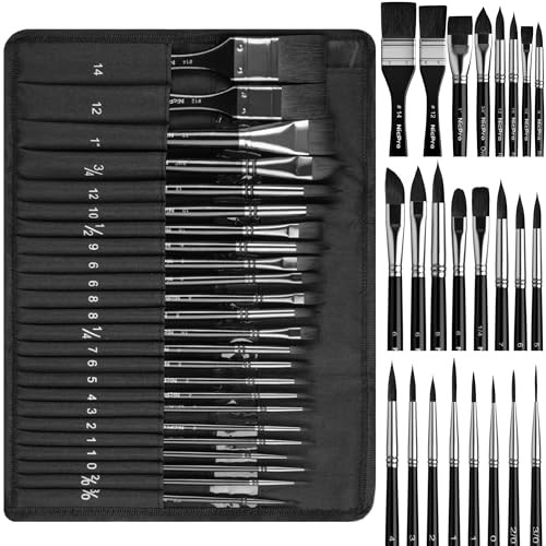 Nicpro Watercolor Brushes Professional 24Pcs Soft Synthetic Squirrel Hair Watercolor Paint Brush Set With Cloth Roll Round Flat Filbert Dagger Cat Tongue For Water Color Gouache Inks Painting