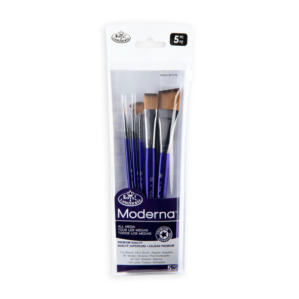 Royal and Langnickel Moderna 5Pc Variety Brush Set For All Painting Mediums Includes Oval Wash Angular Shader Fan and Round Brushes