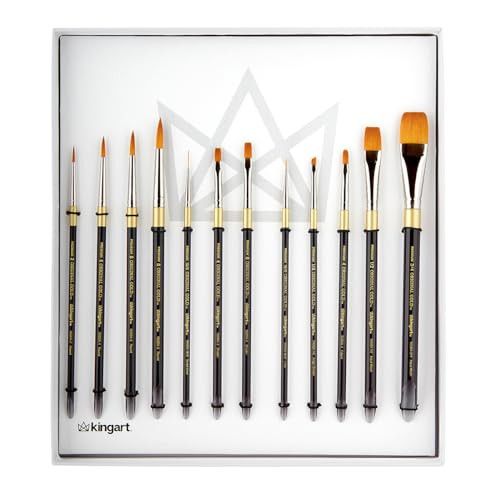 Kingart 1000D 12 Pc Premium Original Gold Series Golden Taklon Multimedia Artist Brush Set Short Acrylic Aqua Handle Set Of 12 Assorted Styles