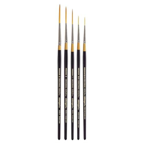 Kingart Premium 5 Pc Original Gold 9050 Series Script Liner Artist Brush Set Synthetic Golden Taklon Hair For Acrylic Oil And Gouache Paint Short Handle 5 Sizes 18/0 10/0 1 2 4