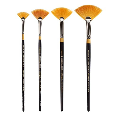 Kingart Premium 4 Pc Original Gold 9200 Series Fan Artist Brush Set Synthetic Golden Taklon Hair For Acrylic Oil Watercolor And Gouache Paint Short Handle 4 Sizes 2/0 2 4 6