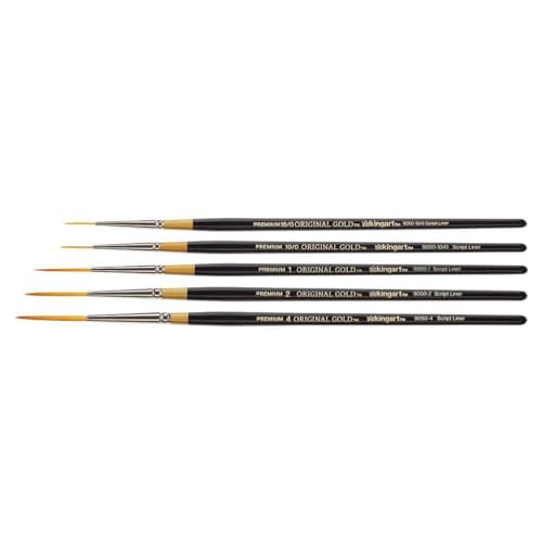 Kingart Original Gold 9050 Script Liner Series Premium Golden Taklon Multimedia Artist Brushes Sizes 18/0 10/0 6/0 2/0 1 2 4 6 8 Set Of 9