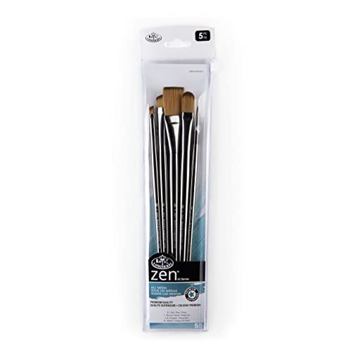 Royal and Langnickel Zen 5Pc Long Handle Brush Set Includes Flat Filbert Angular and Round Brushes