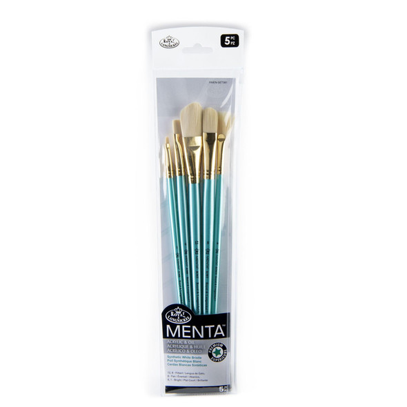 Royal and Langnickel Menta 5Pc Long Handle Filbert Variety Brush Set For Acrylic and Oil Paints Includes Filbert Bright and Fan Brushes Teal