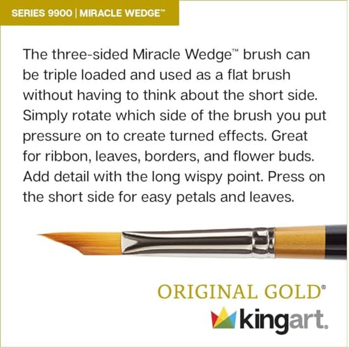 Kingart Premium Original Gold 99006 Miracle Wedge Tri Brush Series Artist Brush Golden Taklon Synthetic Hair Short Handle For Acrylic Watercolor Oil And Gouache Painting Size 6