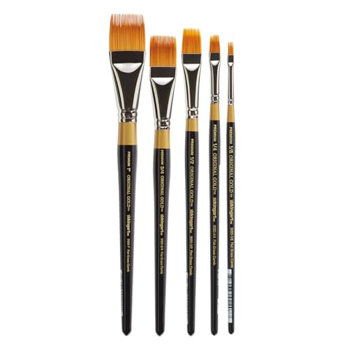 Kingart Premium Original Gold 9120 Series Rake Brush Set Synthetic Golden Taklon Hair For Acrylic Watercolor and Oil Short Handle 5 Sizes 1/8 1/4 1/2 3/4 1
