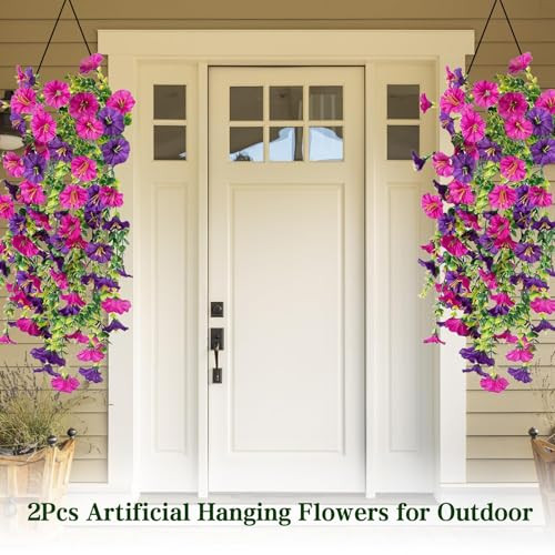 Nnouonn 2Pcs Artificial Hanging Flowers Outdoor Fake Trailing Plants Morning Glory Decoration UvResistant For Hanging Baskets Spring Decor Garden Porch Wedding Drooping Design For Pots and Patio