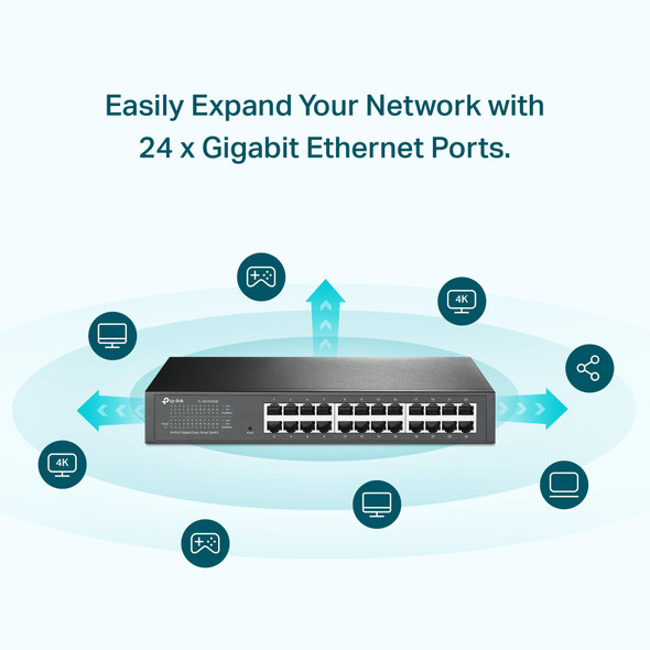 TpLink 24 Port Gigabit Switch Easy Smart Managed Plug and Play Desktop/Rackmount Sturdy Metal W/ Shielded Ports Support Qos Vlan Igmp and Lag TlSg1024De Black