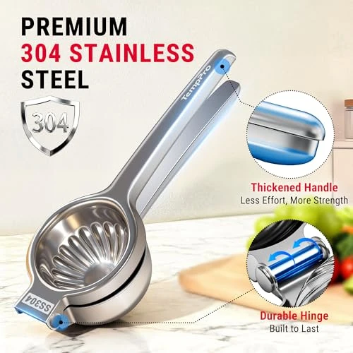 Temppro Lemon Lime Squeezer 304 Stainless Steel Hand Press Citrus Juicer With Grooved Bowl HeavyDuty Hinged Handle High Juice Yield Easy To Use and Dishwasher Safe Previously Thermopro