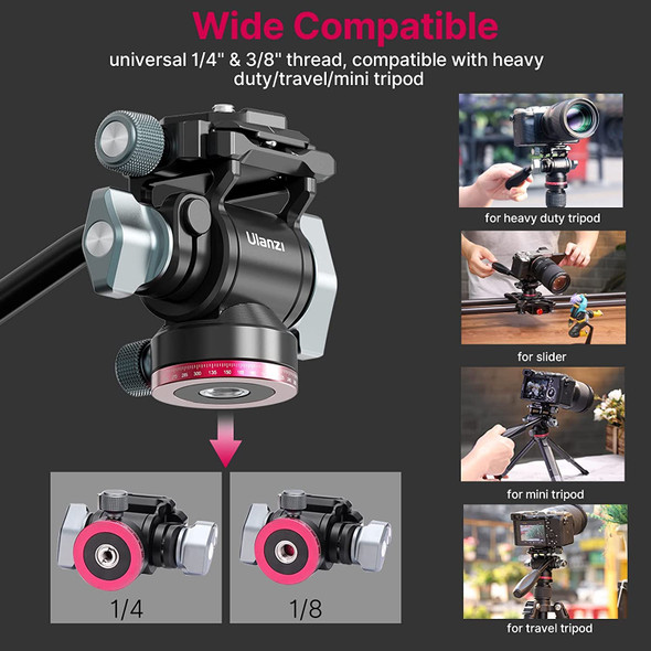 Ulanzi Video Fluid Head For Camera Tripod Ulanzi U190 Mini Pan Tilt Head Small Panoramic Ball Head With Arca Swiss Quick Release Plate Lightweight Filming Equipment For Compact Camera Load Up To 66Lb/3Kg