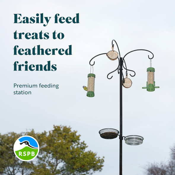 Rspb Wild Bird Feeders Hanging Station Premium Bird Feeder Hanger With Eight Hooks Standing Metal Pole For Gardens And Outdoor Use Includes Water Bowl And Feeding Tray Black 22M X 25Mm Rspb