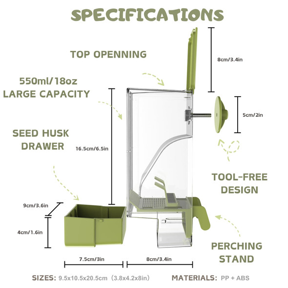 Septillar Bird Feeder Water Dispenser Set Automatic Cage Feeder With Perch For Parakeet Canary Cockatiel Finch Budgie Green