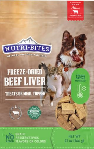 Nutri Bites Freeze Dried Beef Liver Dog and Cat Treats Healthy Pet Training Treats Or Food Topper All Natural Single Ingredient High Protein Premium Bulk Large Size Pack 27 Oz