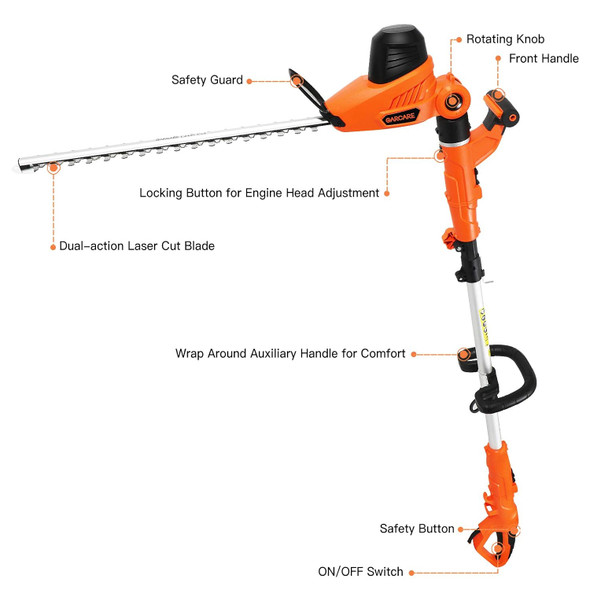 GARCARE 2-in-1 Pole Hedge Trimmer Corded 4 Amp 20" Electric Dual-Action Hedge Trimmer Branch Cutter Lightweight Lawn and Garden Landscaping