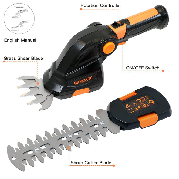 GARCARE Cordless Grass Trimmer 7.2V Electric Hedge Timmer 2 in 1 Handheld Grass Cutter Machine in 6.7 Inch Blade, with Rechargeable Battery and 45min Fast Charger