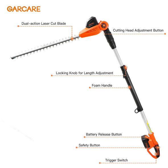 GARCARE Hedge Trimmers Cordless with Battery - Pole Hedge Trimmer with 20V 4.0Ah Li-Ion Battery & Quick Charger, 450mm Laser Cut Blade, 2.5M Pruning Saw & Garden Shears Included