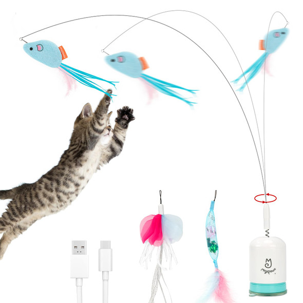 Migipaws Interactive Automatic Cat Teaser Wand Toy With Strong Suction Cup 70Cm Flexible Wire and Diy Bending Design Rechargeable Cat Exercise Toy With Auto Timer For Indoor Cats White