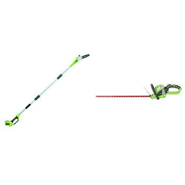 Greenworks 8' 40V Cordless Pole Saw, Battery Not Included 20302 with 24-Inch 40V Cordless Hedge Trimmer with Rotating Handle, Battery Not Included 22332 Greenworks 8' 40V Cordless Pole Saw, Battery Not Included 20302 with 24-Inch 40V Cordless Hedge Trimmer with Rotating Handle, Battery Not Included 22332