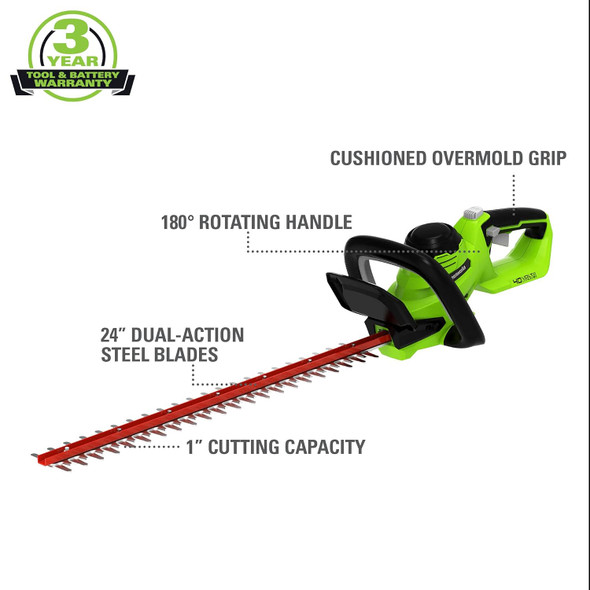 Greenworks 24V 20-Inch Cordless Hedge Trimmer, Battery Not Included, HT24B01