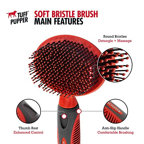 Tuff Pupper Round Bristle Soft Brush For Dogs And Cats Gentle Grooming For Short Or Long Hair Soft Pin Tool For Sensitive Skin Detangle and Remove Loose Fur For Dematting and Detangling Undercoat