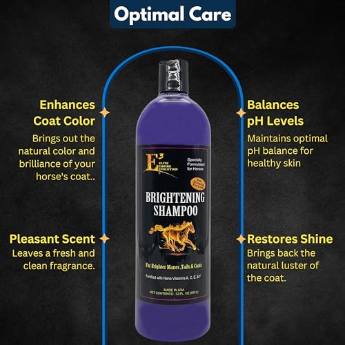 E3 Brightening Shampoo For Horses 32Oz Enhances Coat Color Deep Cleansing Moisturizes and Conditions Gentle Formula Vet Approved