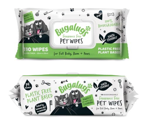 Bugalugs Dog Wipes 100% Plastic Biodegradable Pet Wipes For Full Body Eye Wipes Ear Wipes Bum and Paws 110 Sensitive Dog Grooming Wipes For Dogs Puppy and Cat Grooming Fragrance